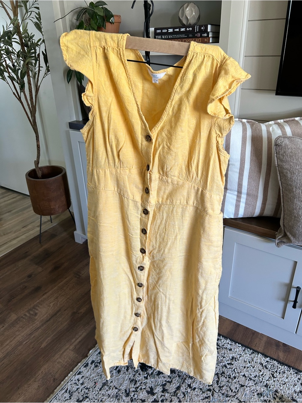 Yellow Button-Front Midi Dress with V-Neck